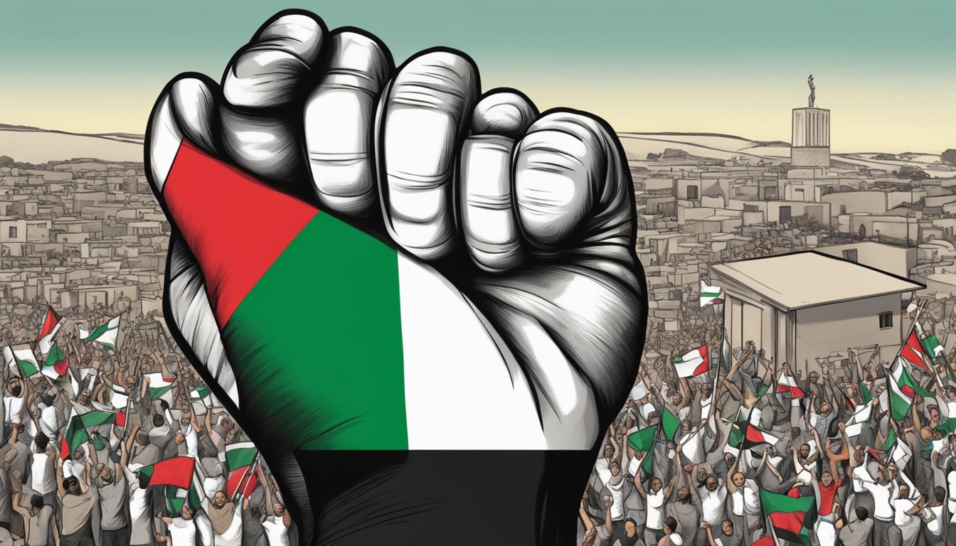 Wilson's poster displays the Palestinian flag with a raised fist in solidarity