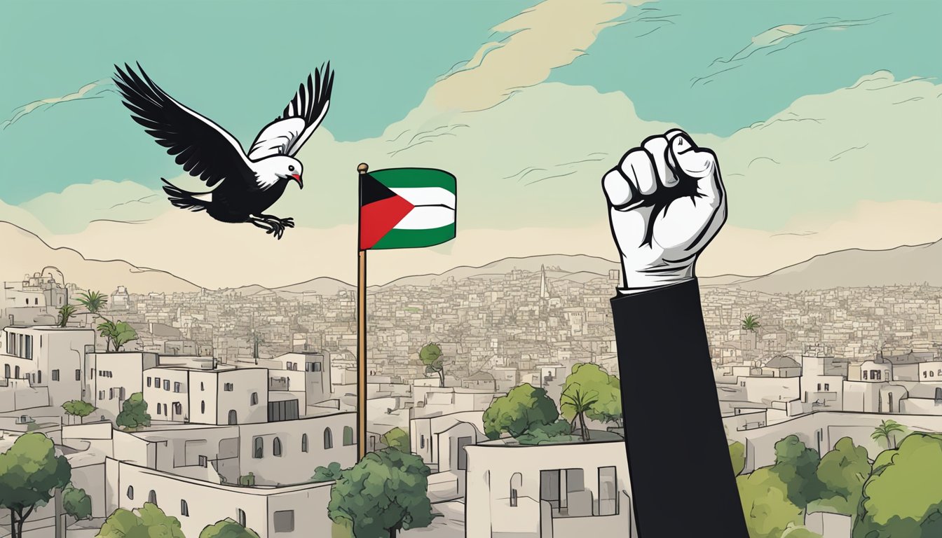 Wilson supports Palestine with a raised fist and a peace dove. A map of Palestine and the Palestinian flag are in the background