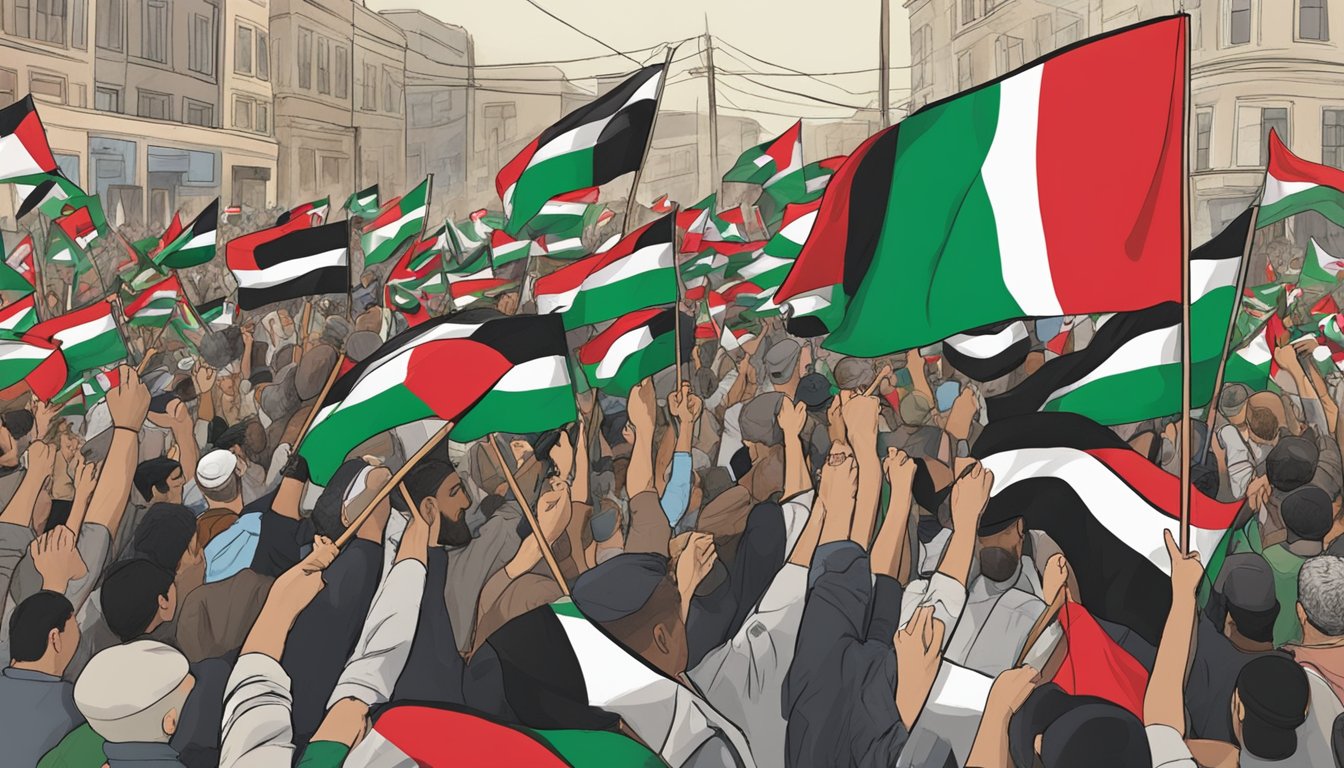 A crowd waves Palestinian flags at an Easton rally