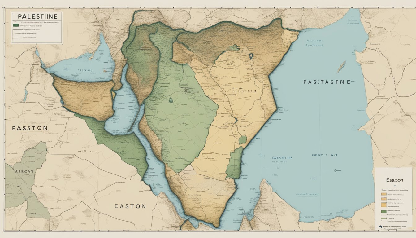 Easton's regional involvement: a map of Palestine with a handshake symbolizing support