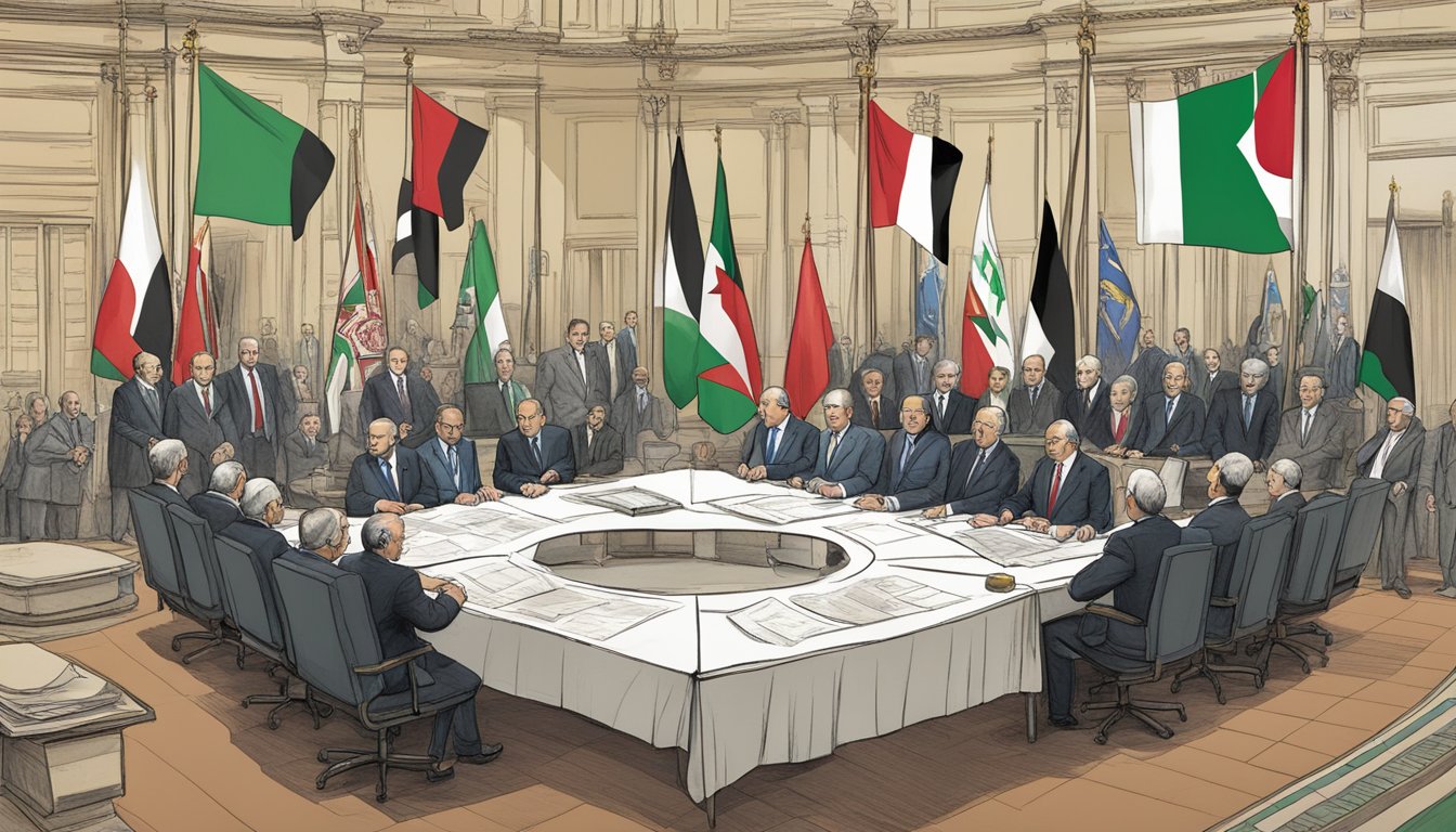 Easton's flag flies high above a table surrounded by diplomats. A map of Palestine sits prominently in the center, with various peace agreements and documents scattered around