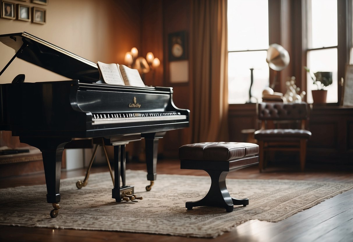 A room with a grand piano, a cozy armchair, and a vintage record player surrounded by musical notes and sheet music scattered on the floor