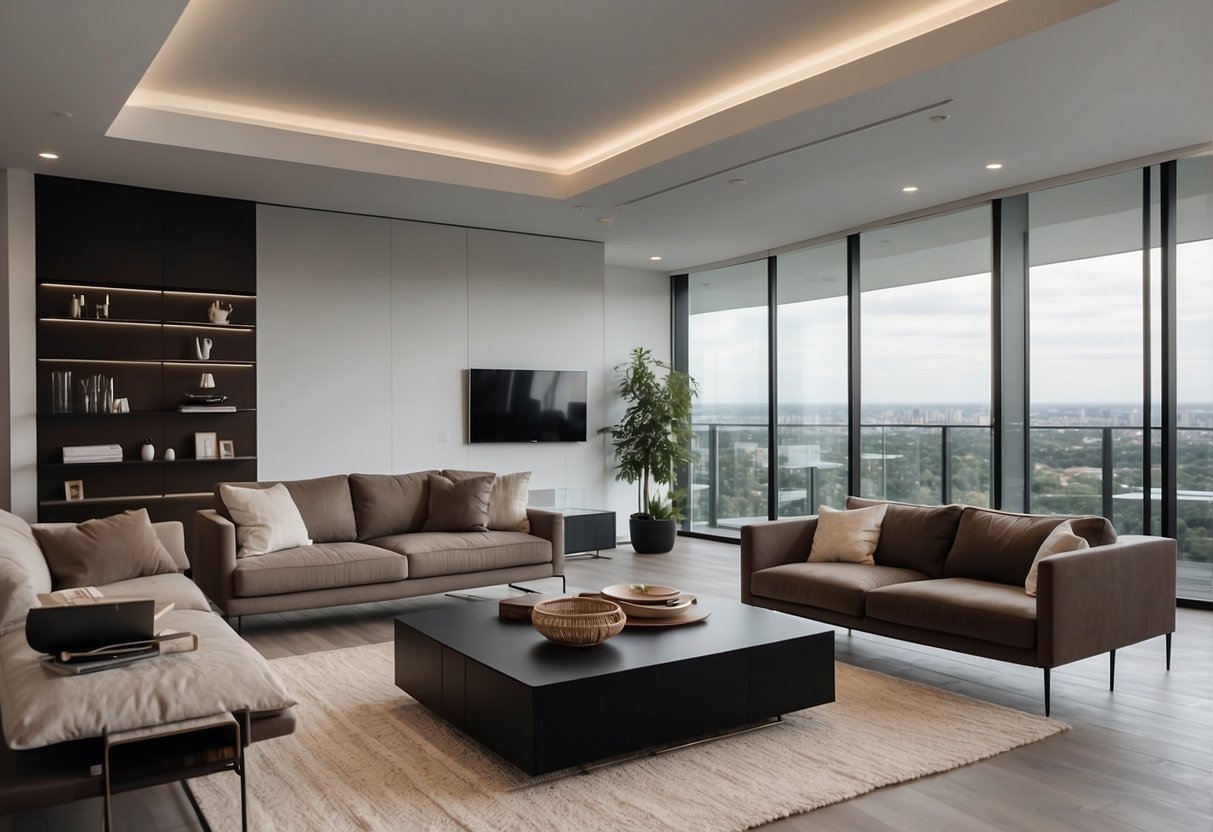A modern living room with sleek, minimalist furniture in a spacious, well-lit setting. The furniture includes a comfortable sofa, a stylish coffee table, and a contemporary entertainment unit