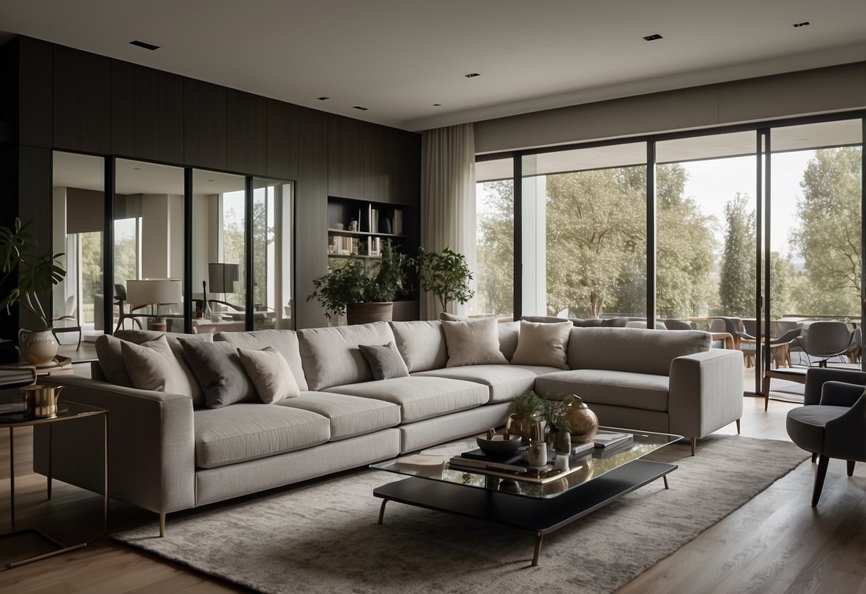 A spacious living room with modern Arona furniture arranged in a stylish and inviting manner. A large sofa, coffee table, and elegant chairs create a comfortable and sophisticated atmosphere