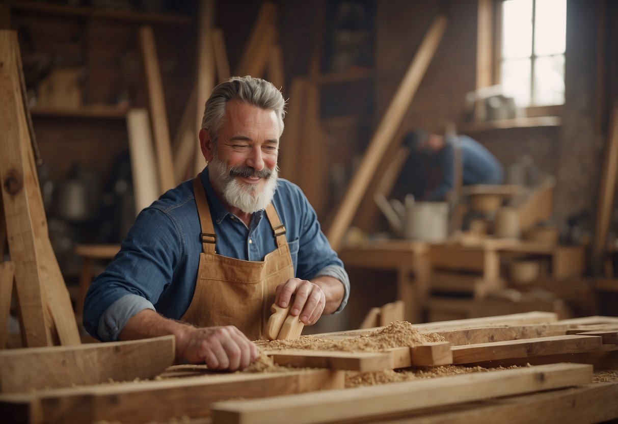 A carpenter constructs a sturdy wooden chair, singing happily as they work. Sawdust fills the air, and tools clink against the wood