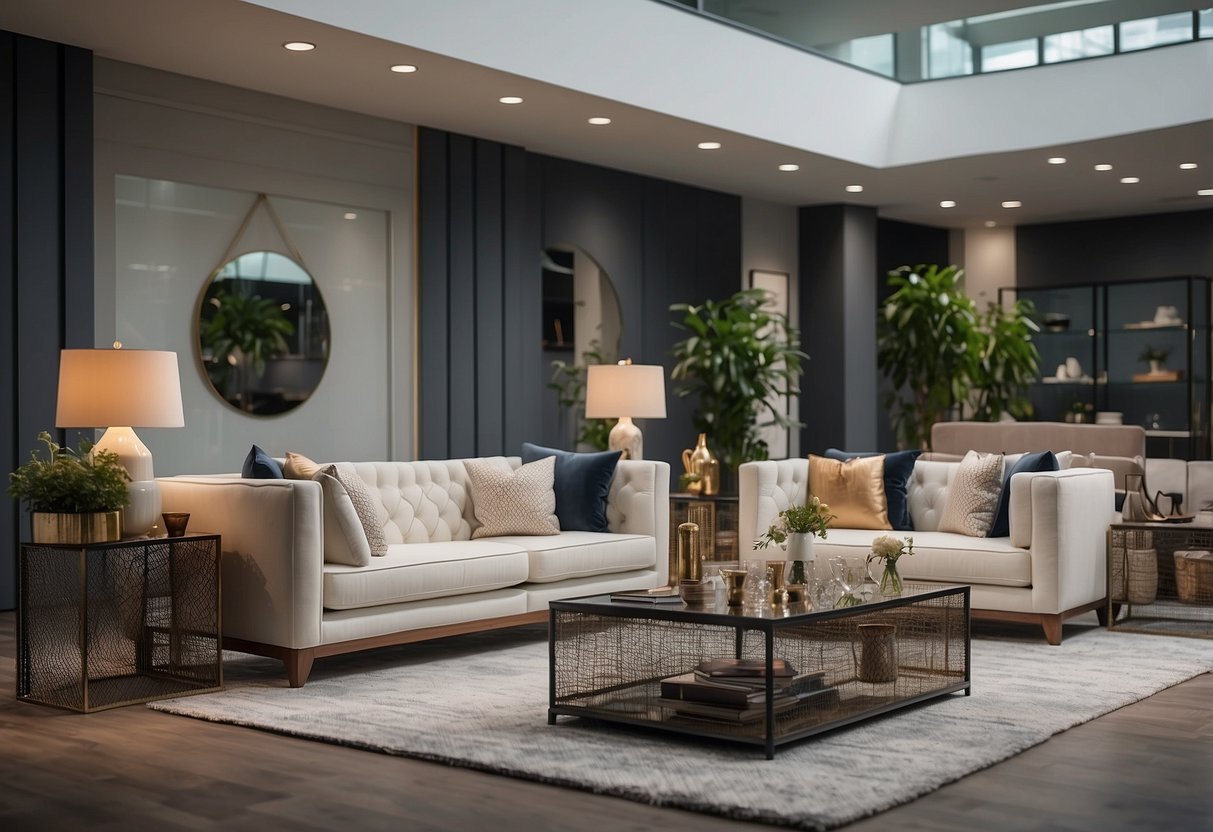 A bright, modern showroom displays a variety of stylish furniture pieces arranged in inviting room settings
