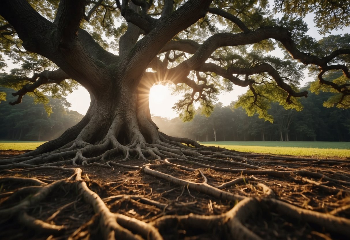 A grand oak tree stands tall, its roots firmly planted in the earth. Surrounding it are pillars of strength and resilience, symbolizing the core values of Song Furniture