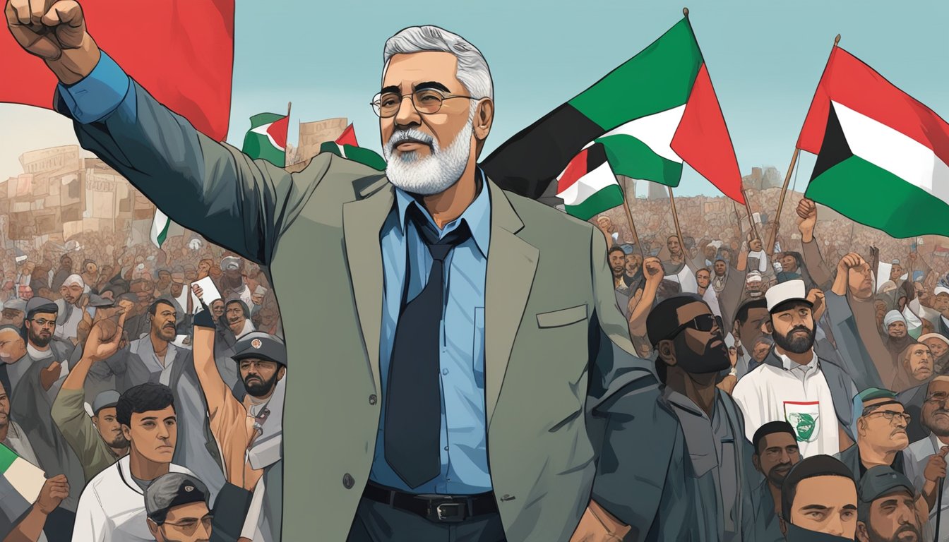 Rawlings stands with a raised fist, surrounded by pro-Palestine signs and flags