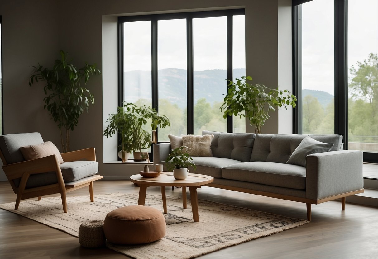 A modern living room with sleek Commune furniture, featuring a minimalist sofa, a wooden coffee table, and a statement rug, all bathed in natural light from large windows