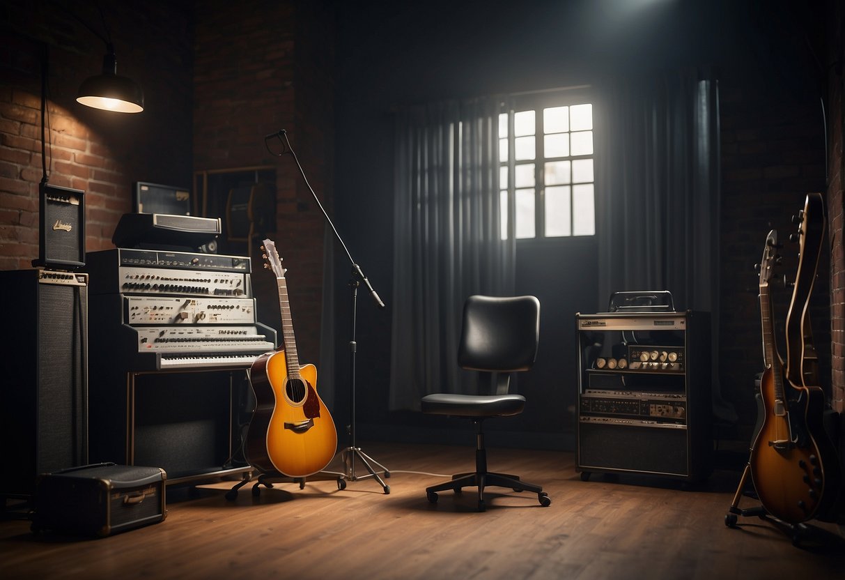 A room with a microphone, music stand, and various instruments. A sign on the wall reads "Frequently Asked Questions."