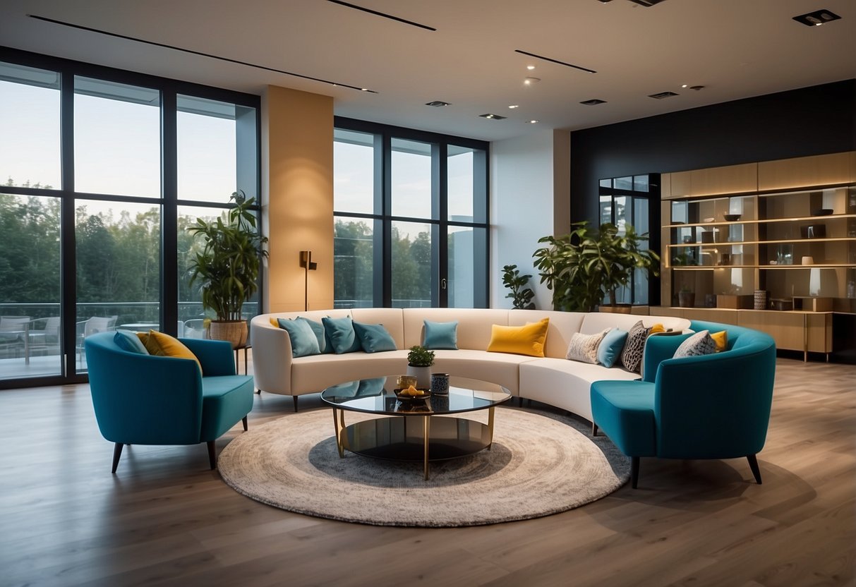 A spacious showroom with modern furniture displays. Bright lighting highlights the sleek designs and vibrant colors of the Arona furniture collections