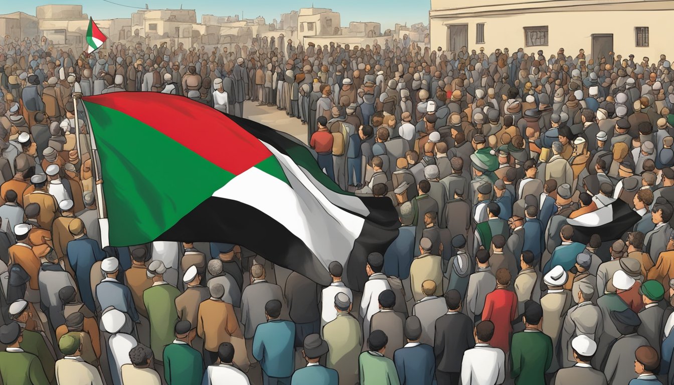 A crowd gathers around a flag of Palestine, with Rawlings at the center, showing support for the cultural and political representation of the region