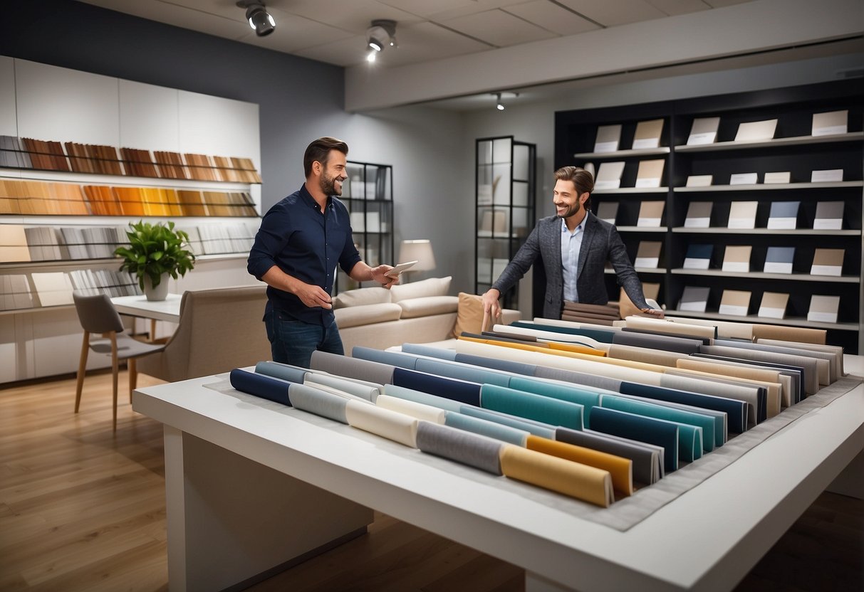 A bright and modern showroom with sleek furniture displays. A friendly staff member assists a customer with fabric swatches and design options