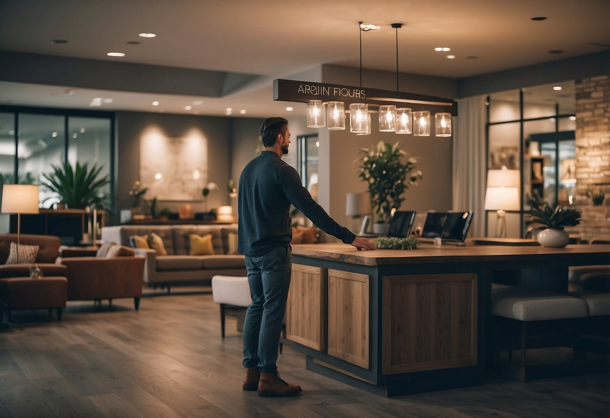 A customer browsing through a display of furniture with a sign overhead reading "Frequently Asked Questions about Arona Furniture"