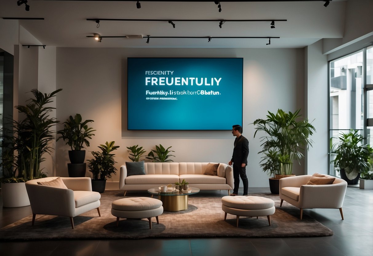 A group of people gathering around a display of modern furniture in a sleek and minimalistic showroom in Singapore, with a sign reading "Frequently Asked Questions" prominently displayed