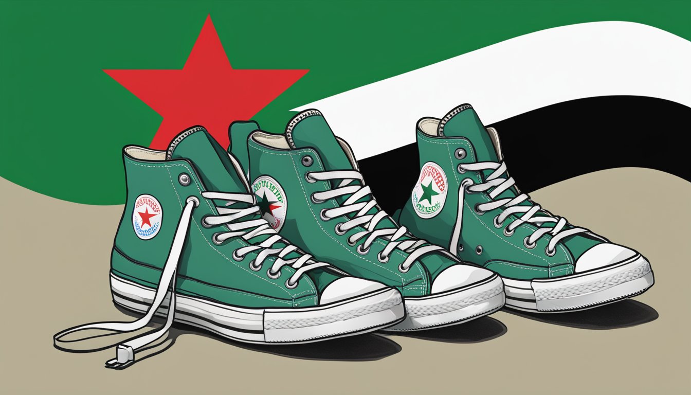 A pair of Converse sneakers placed next to a Palestinian flag, with a sign reading "Support Palestine" in the background