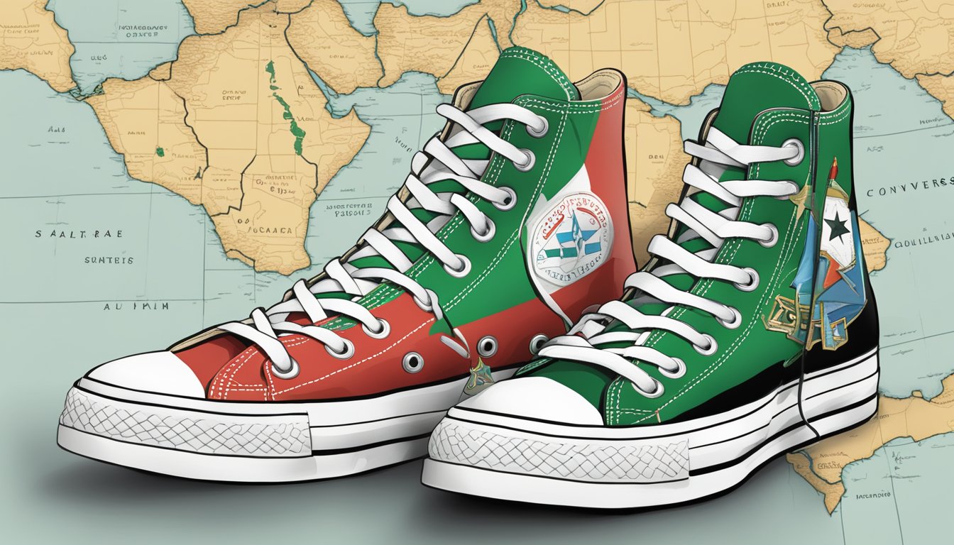 A pair of Converse shoes with a map of Palestine in the background, surrounded by symbols of support and solidarity