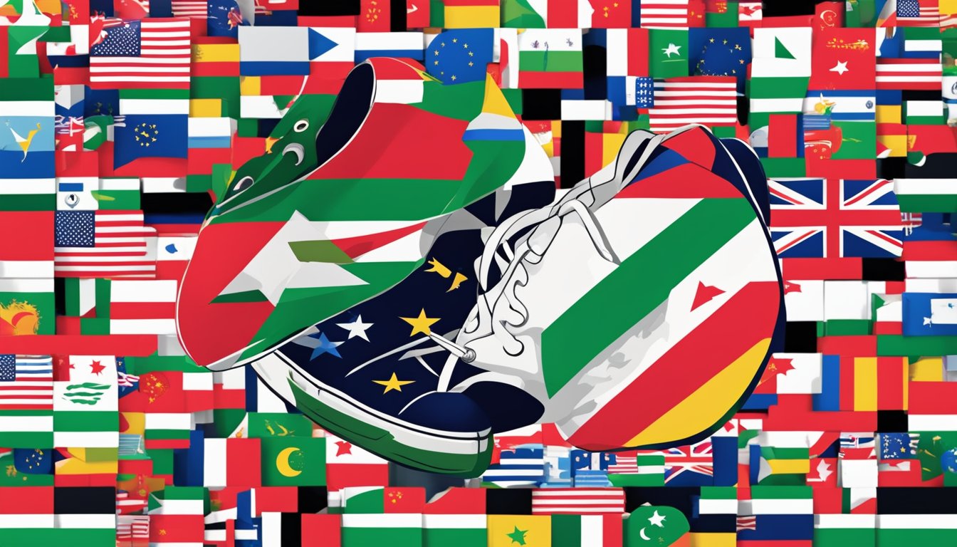 Converse logo surrounded by flags of different countries, including Palestine. Text reads "Global Support" in bold letters