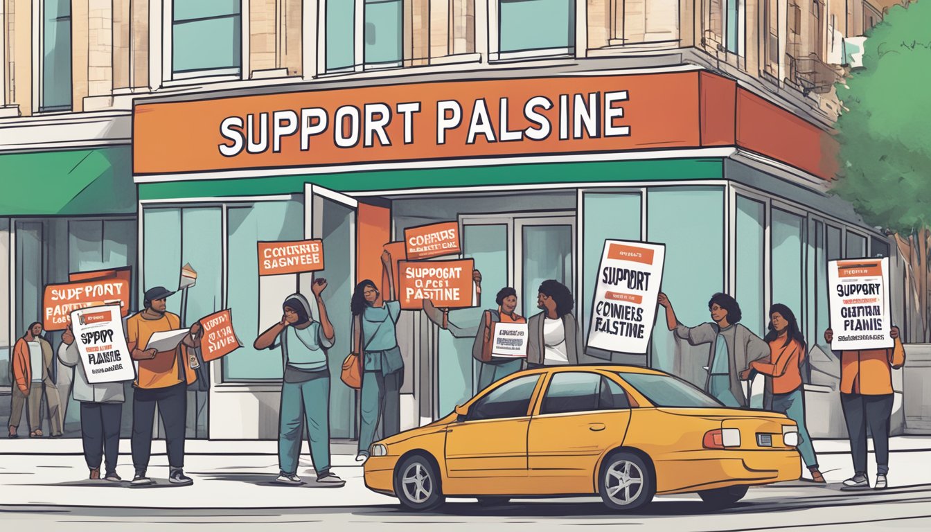 A group of people holding signs and banners with the words "Support Palestine" outside a Converse store, expressing their consumer expectations and responses