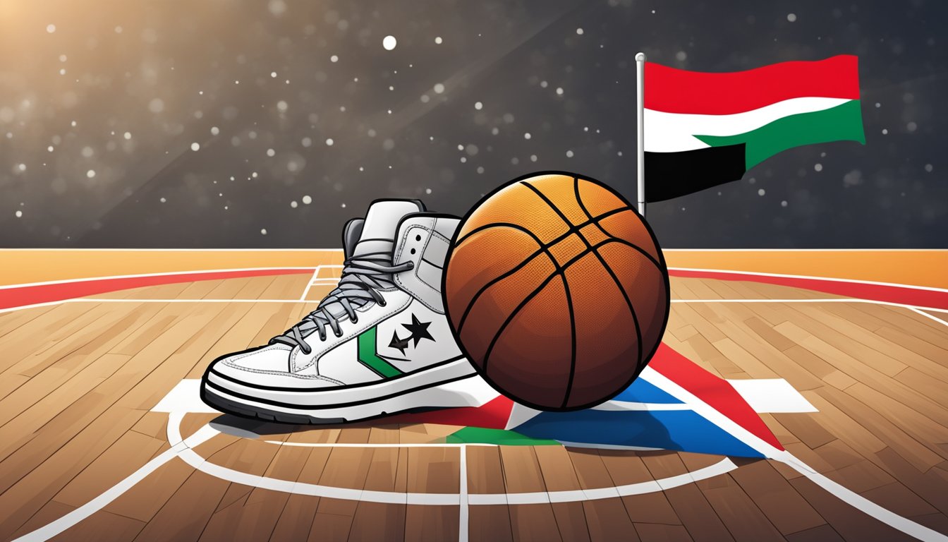 A basketball with the Converse logo bounces across a court with the Palestinian flag in the background