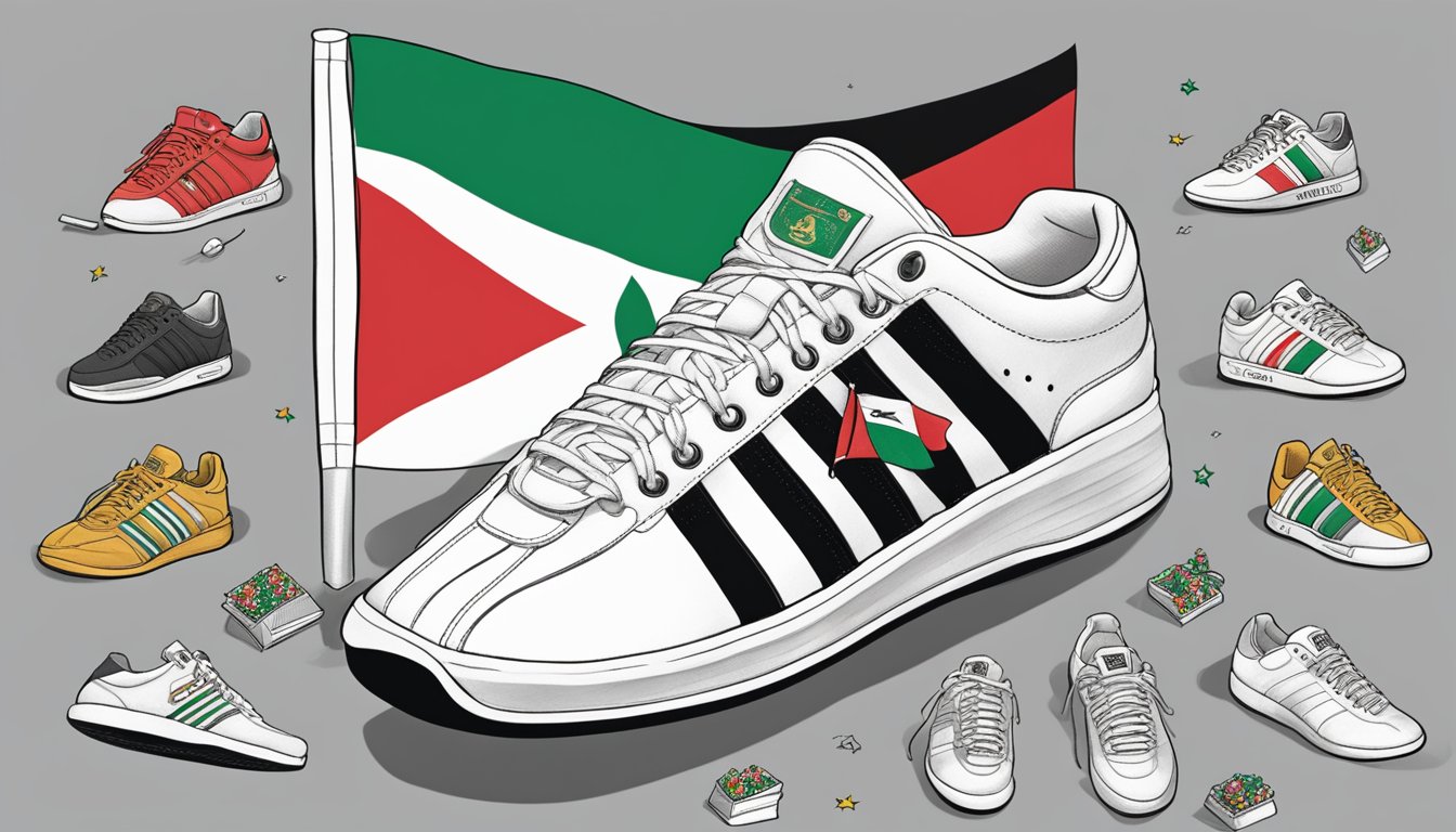 A pair of K-Swiss sneakers with a Palestinian flag draped over them, surrounded by supportive messages and symbols of solidarity