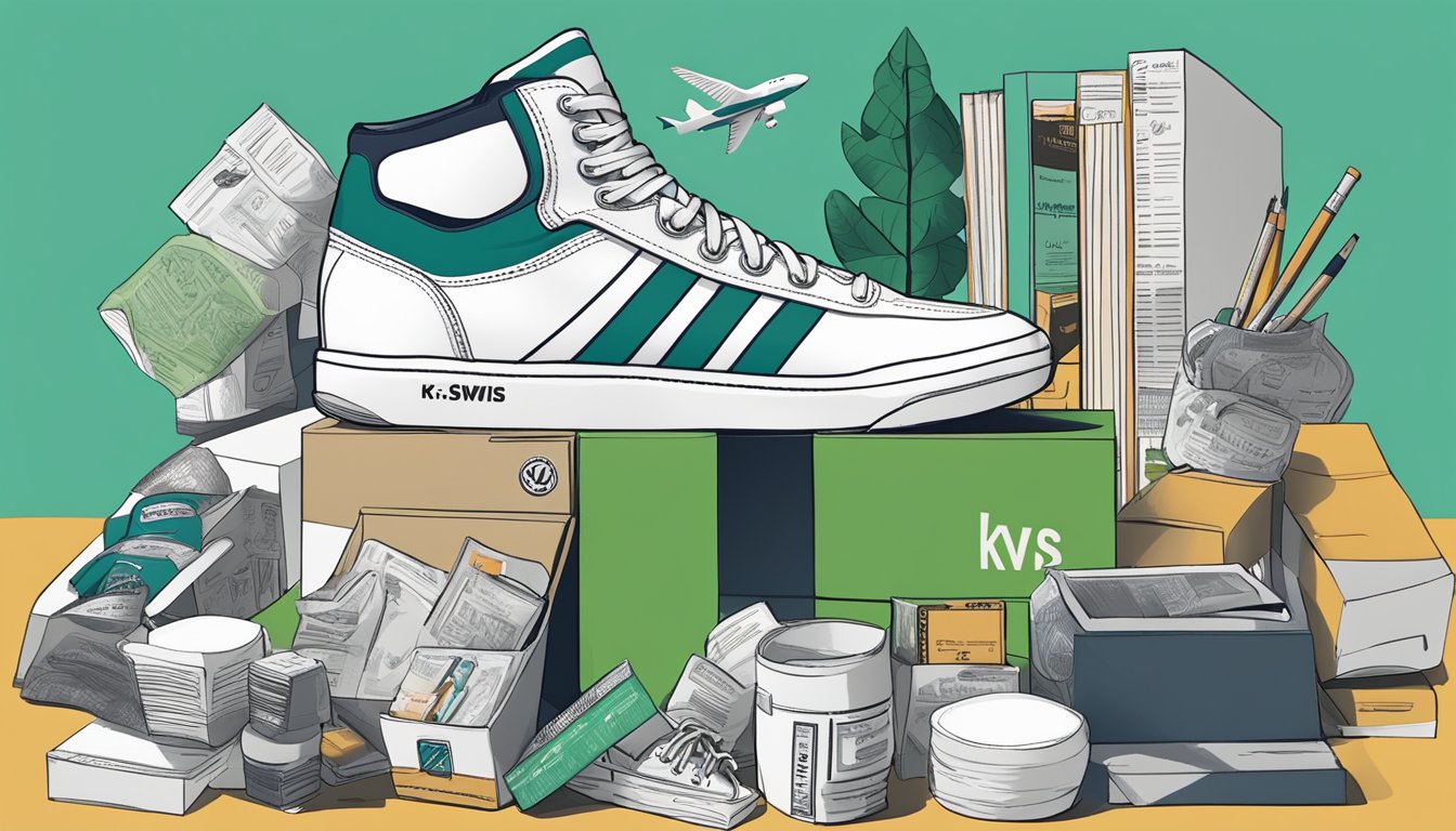 A K-Swiss shoe box sits on a desk, surrounded by images of Palestine and supportive messages