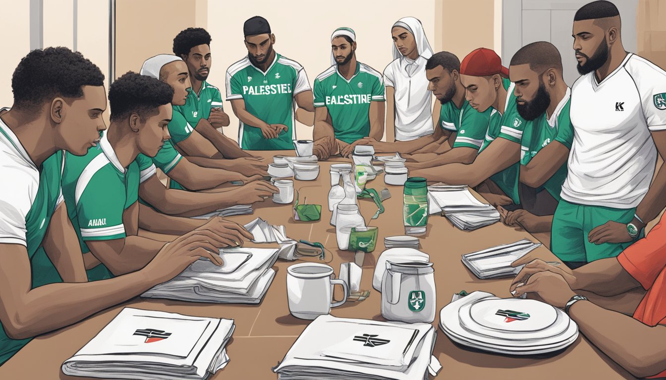 A group of athletes wearing K-Swiss gear gather around a table discussing their support for Palestine. The K-Swiss logo is prominently displayed in the background