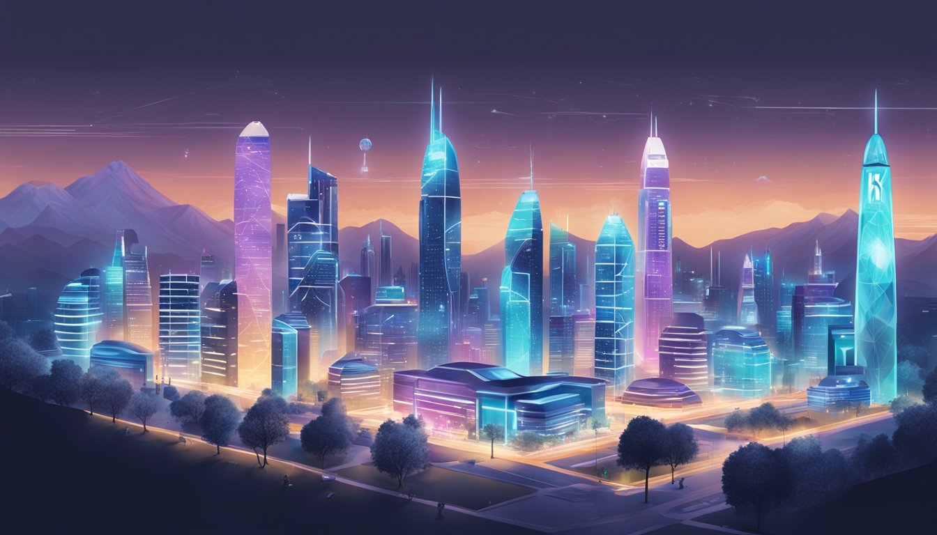 A futuristic city skyline with K-Swiss logos projected on buildings, alongside advanced technology and innovation centers