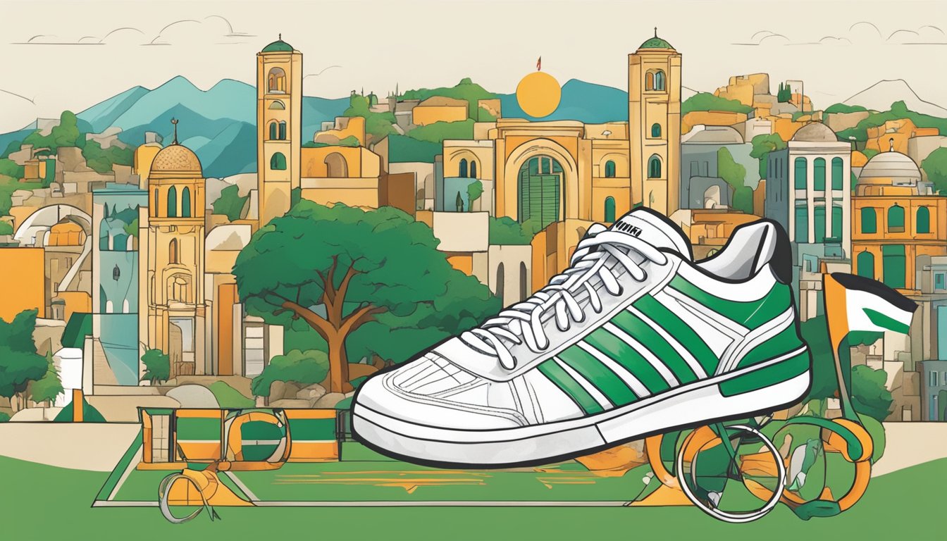 K-Swiss logo displayed in a diverse cultural setting, with symbols of support for Palestine in the background