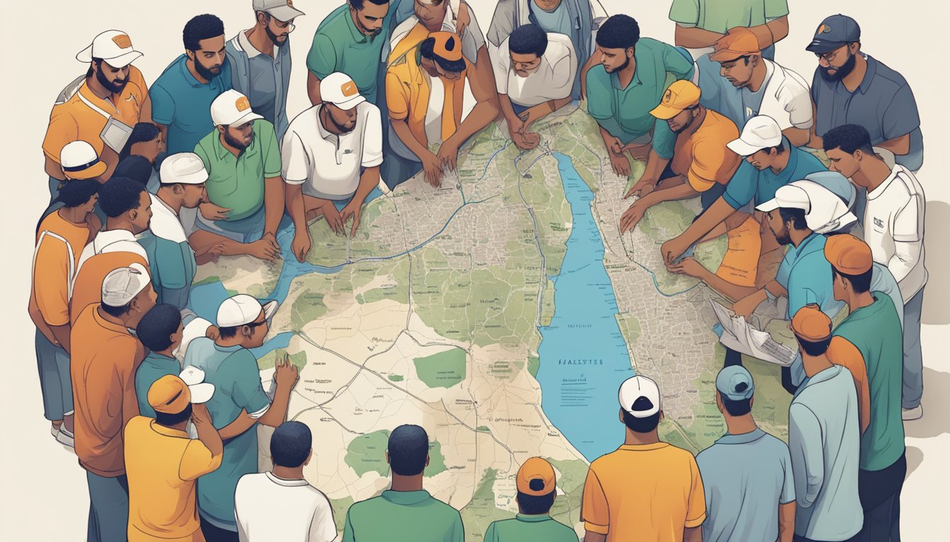 A group of people in K-Swiss apparel gather around a map of Palestine, discussing their support for the region