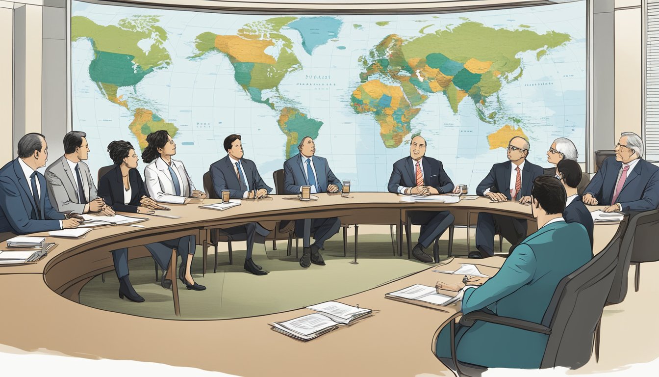 A group of corporate executives sit around a conference table, discussing the company's stance on political issues. A world map on the wall highlights the region of Palestine