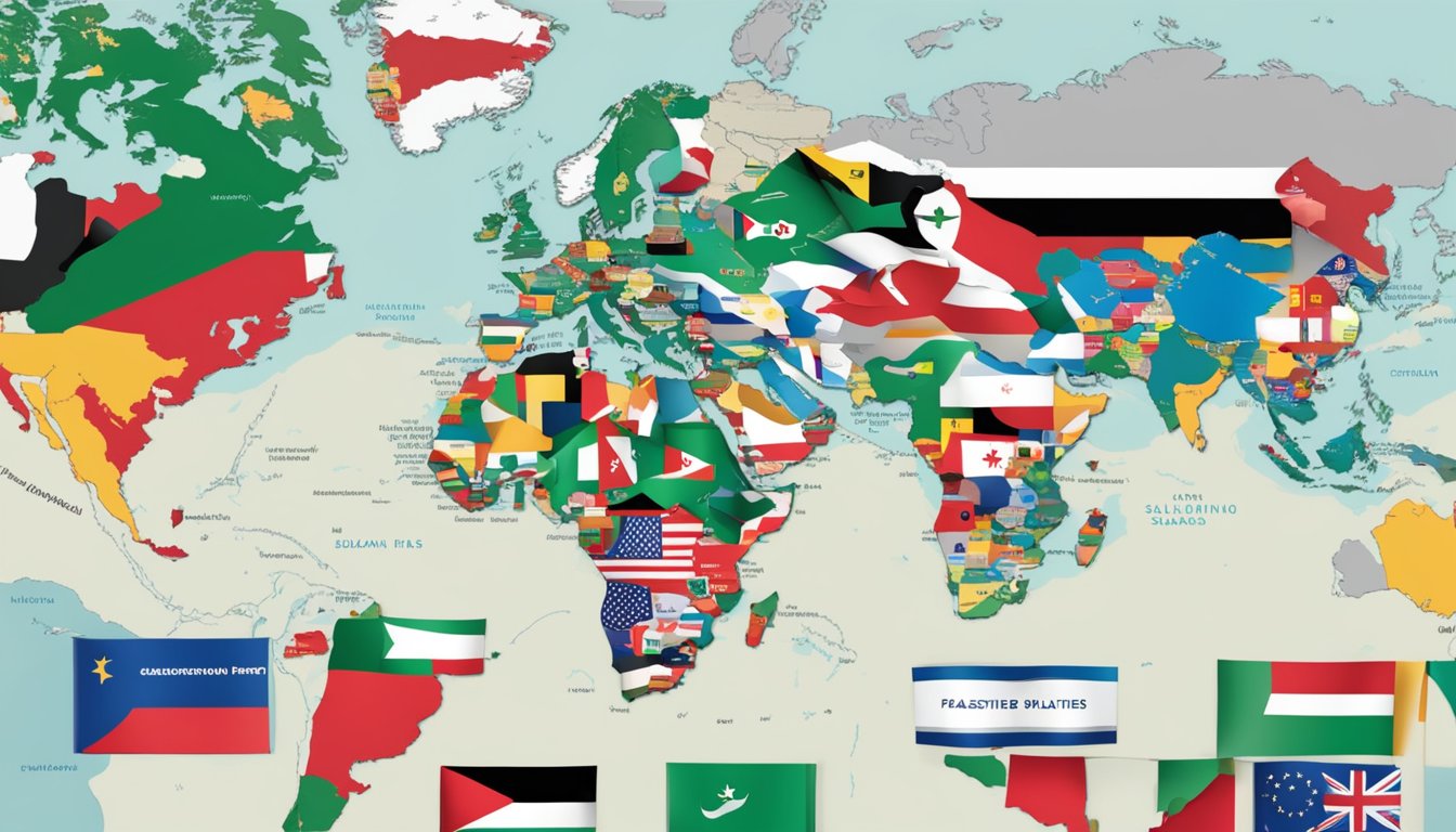 Salomon's support for Palestine shown through a globe with a spotlight on the region, surrounded by diplomatic flags and a map of international perspectives