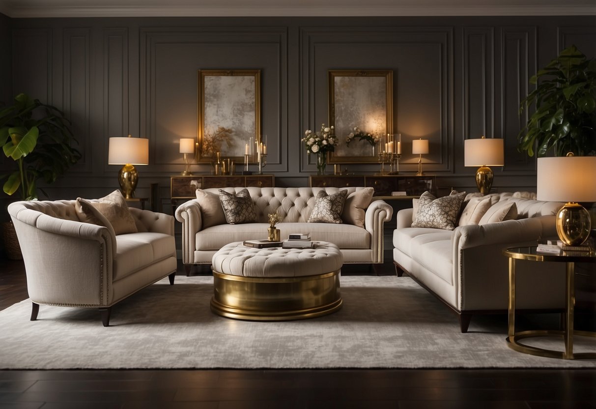 The room is filled with plush, luxurious furniture. Rich fabrics and elegant designs adorn the chairs, sofas, and tables, creating a sense of opulence and comfort