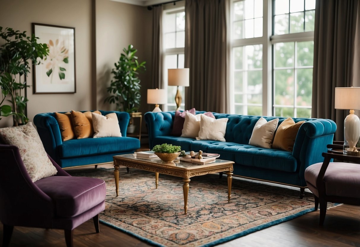 A modern living room filled with luxurious, plush furniture in rich, inviting colors. The sofa and chairs are oversized and enveloping, with soft, velvety textures. A large, ornate rug anchors the space, and decorative pillows add a cozy