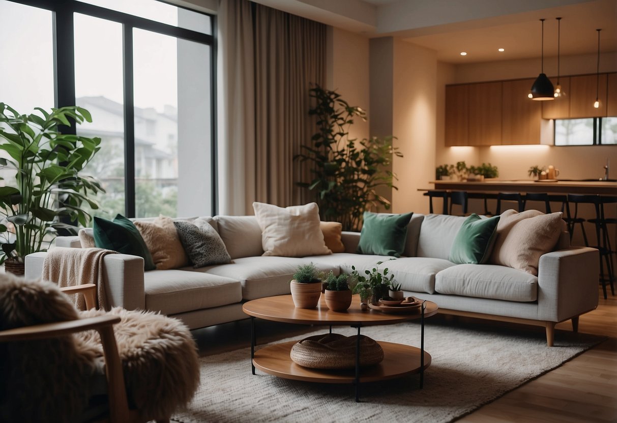 A cozy living room with modern furniture, warm lighting, and lush greenery