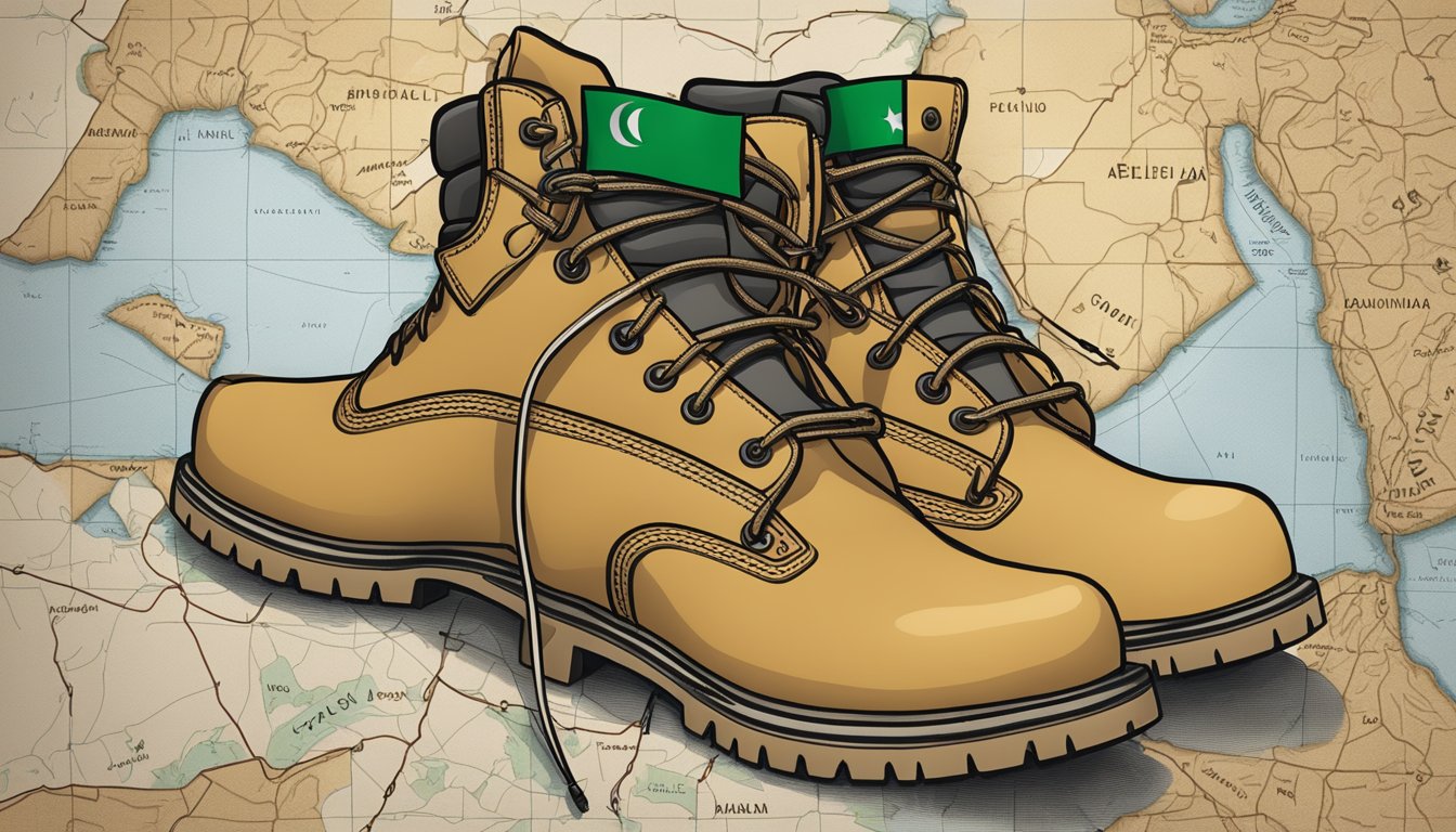 A pair of Timberland boots placed on a map of Palestine, with a Palestinian flag in the background