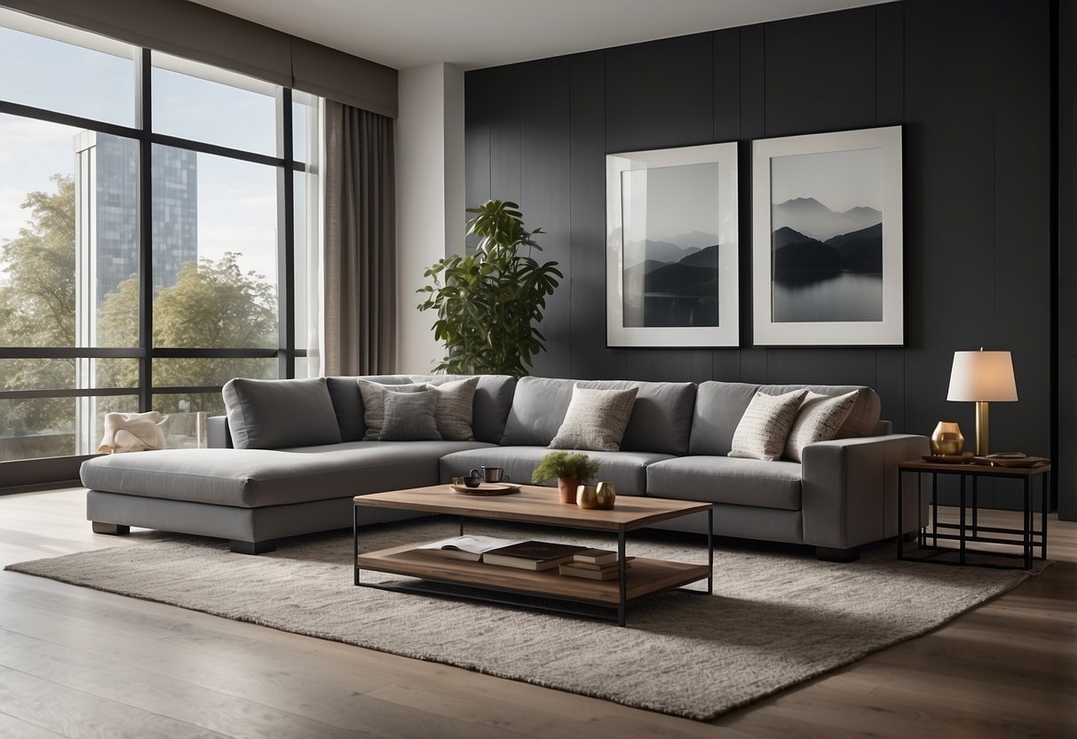 A room filled with modern, comfortable furniture arranged in an inviting and spacious layout. The furniture is of high quality and features plush cushions and soft fabrics