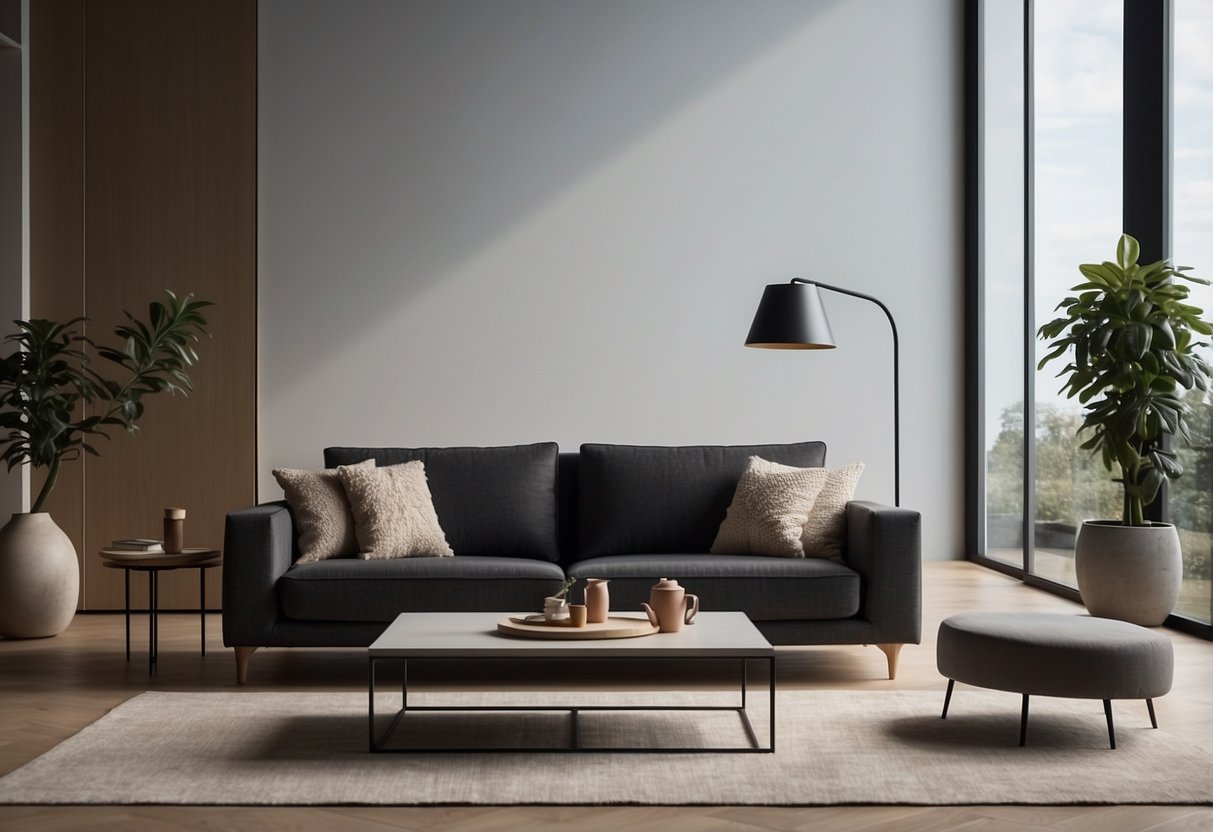 A modern living room with sleek LCF furniture, featuring a minimalist sofa, coffee table, and floor lamp