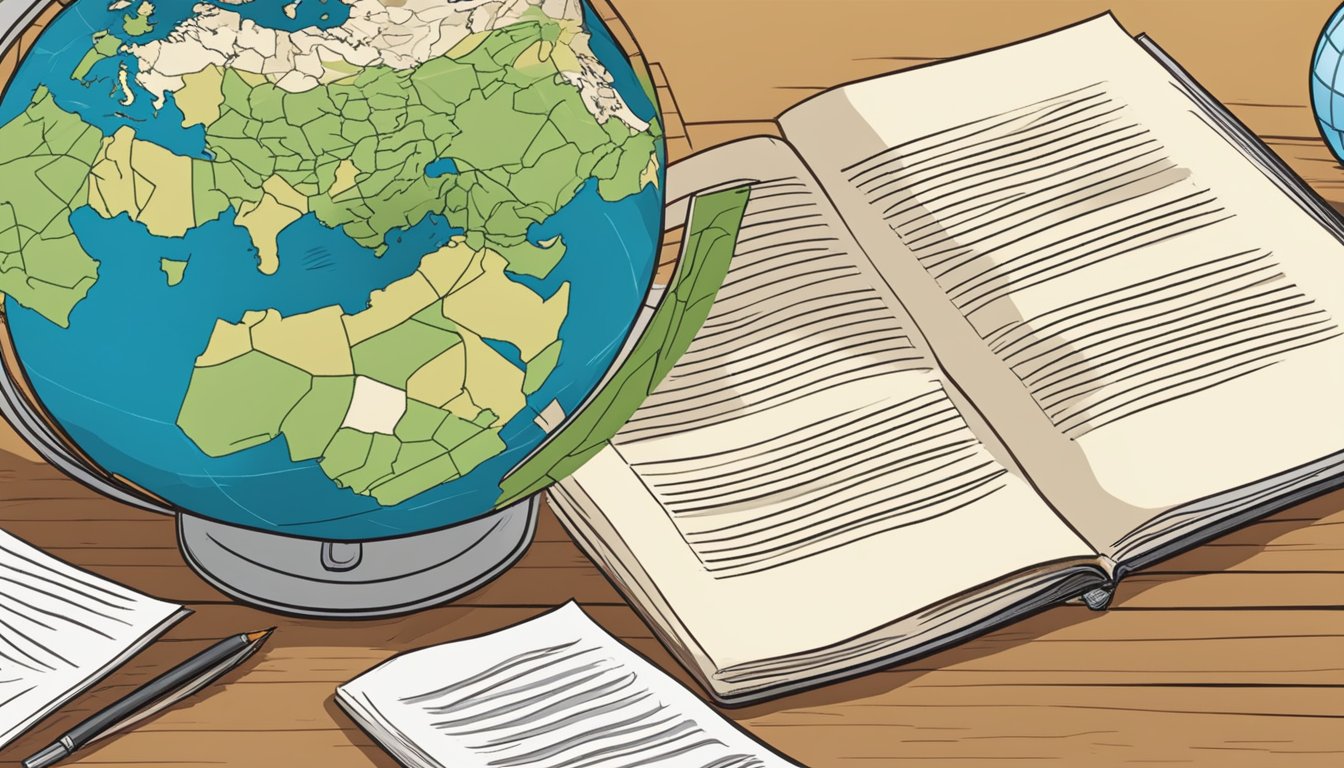 Timberland's policy book open on a desk, with a globe in the background, showing the Middle East region. A question mark hovers over the word "Palestine."