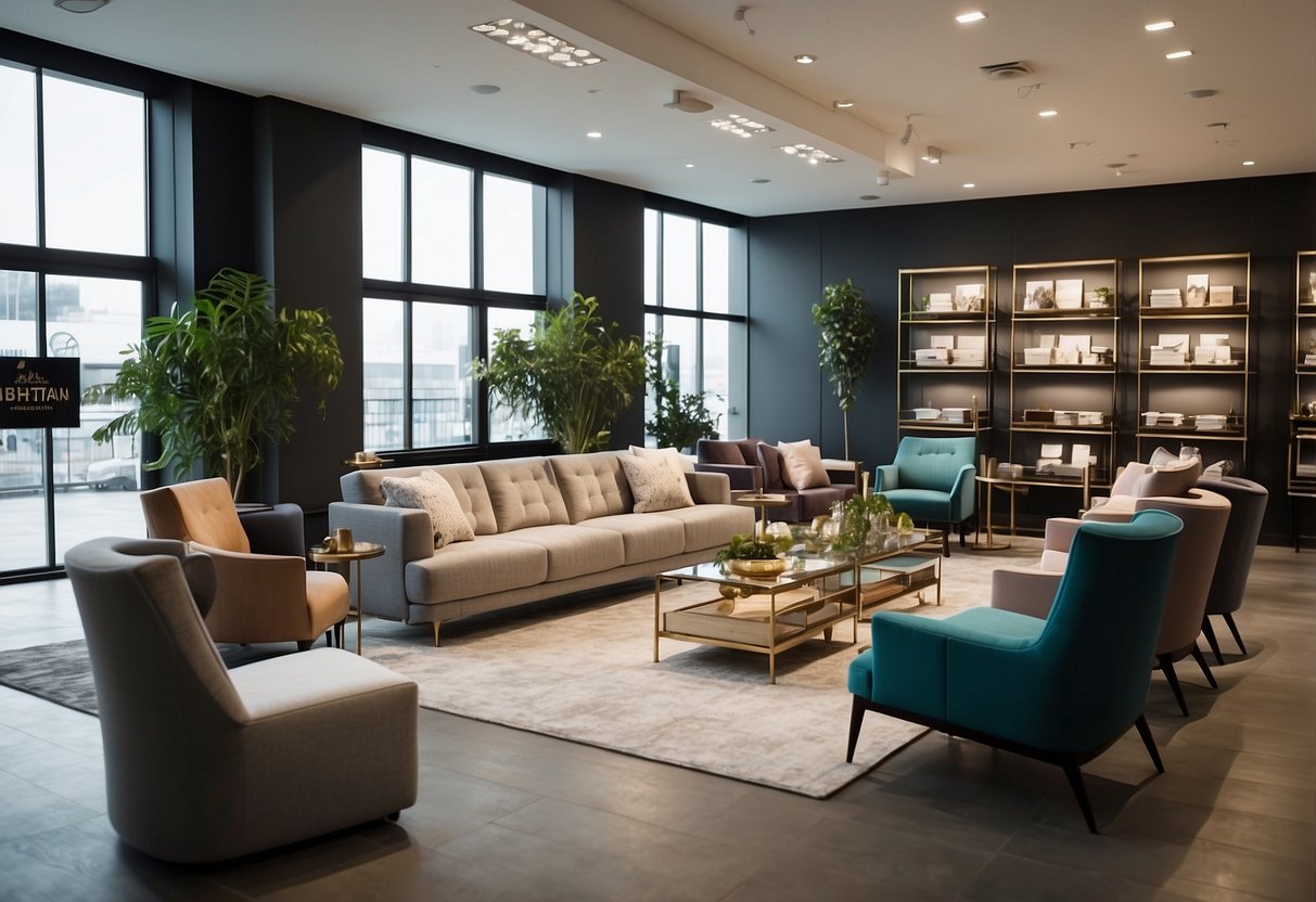 A spacious showroom with modern furniture displays in various styles and colors. Bright lighting highlights the sleek designs and comfortable seating options