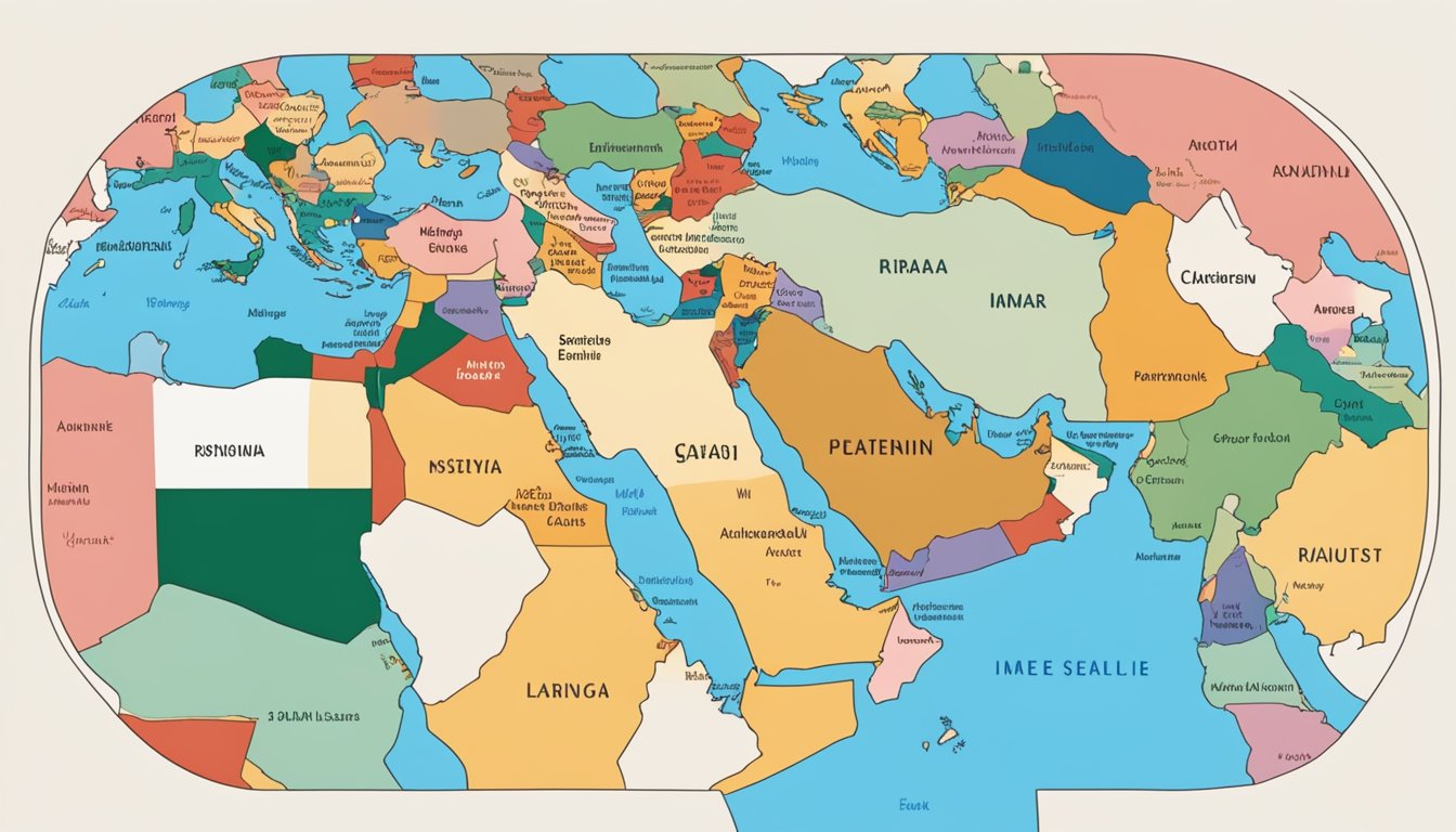 A map of the Middle East with a focus on Palestine, surrounded by flags of various countries and a diverse group of people engaged in discussion