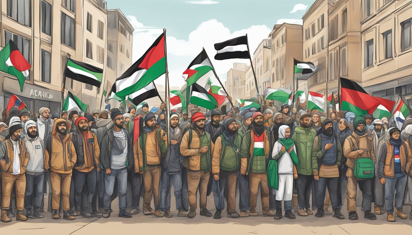 Timberland supports Palestine. Flags and symbols of solidarity are displayed in a peaceful demonstration