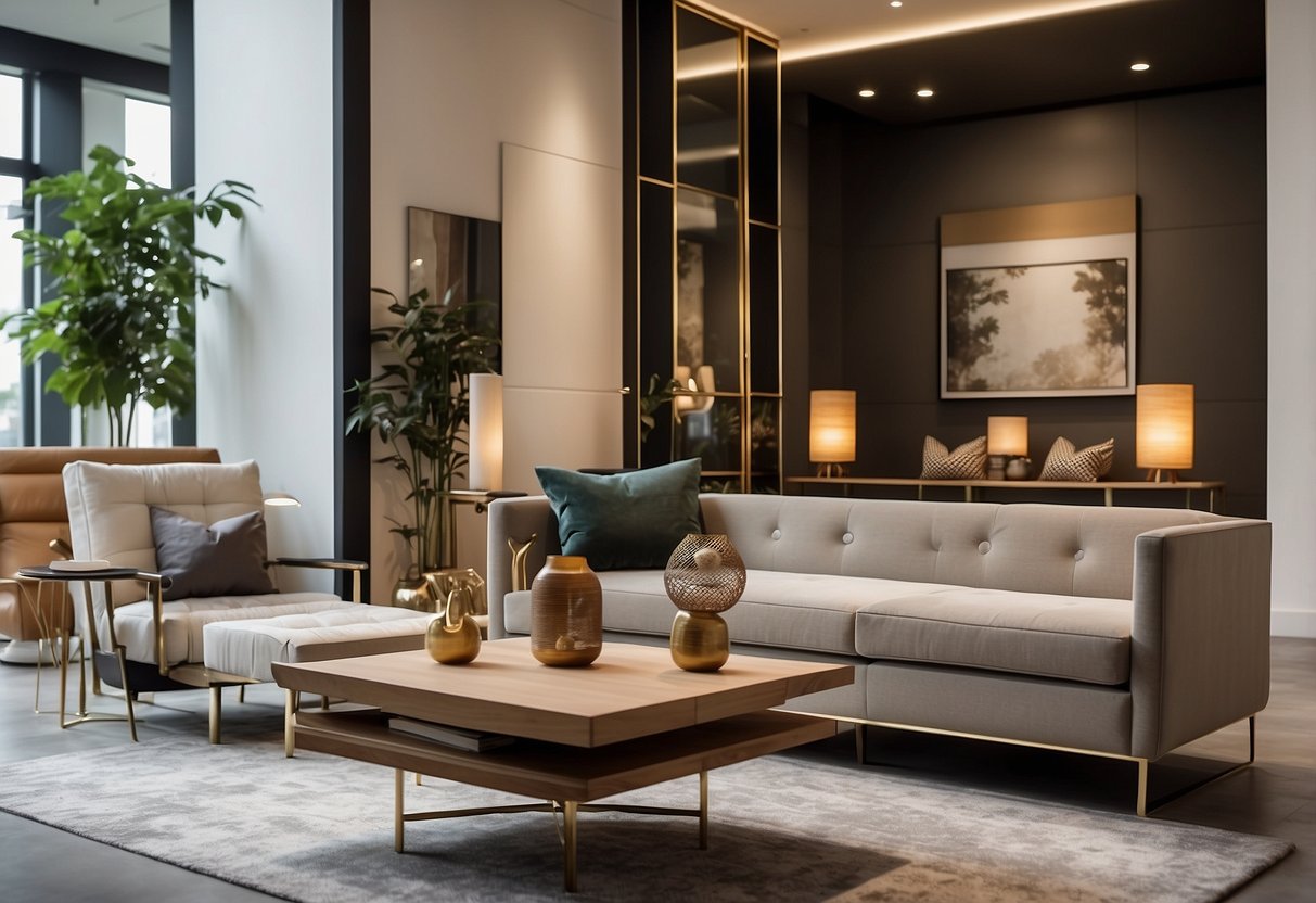 The showroom is filled with modern furniture displays, soft lighting, and a welcoming ambiance. The sleek designs and elegant pieces create an inviting and stylish space