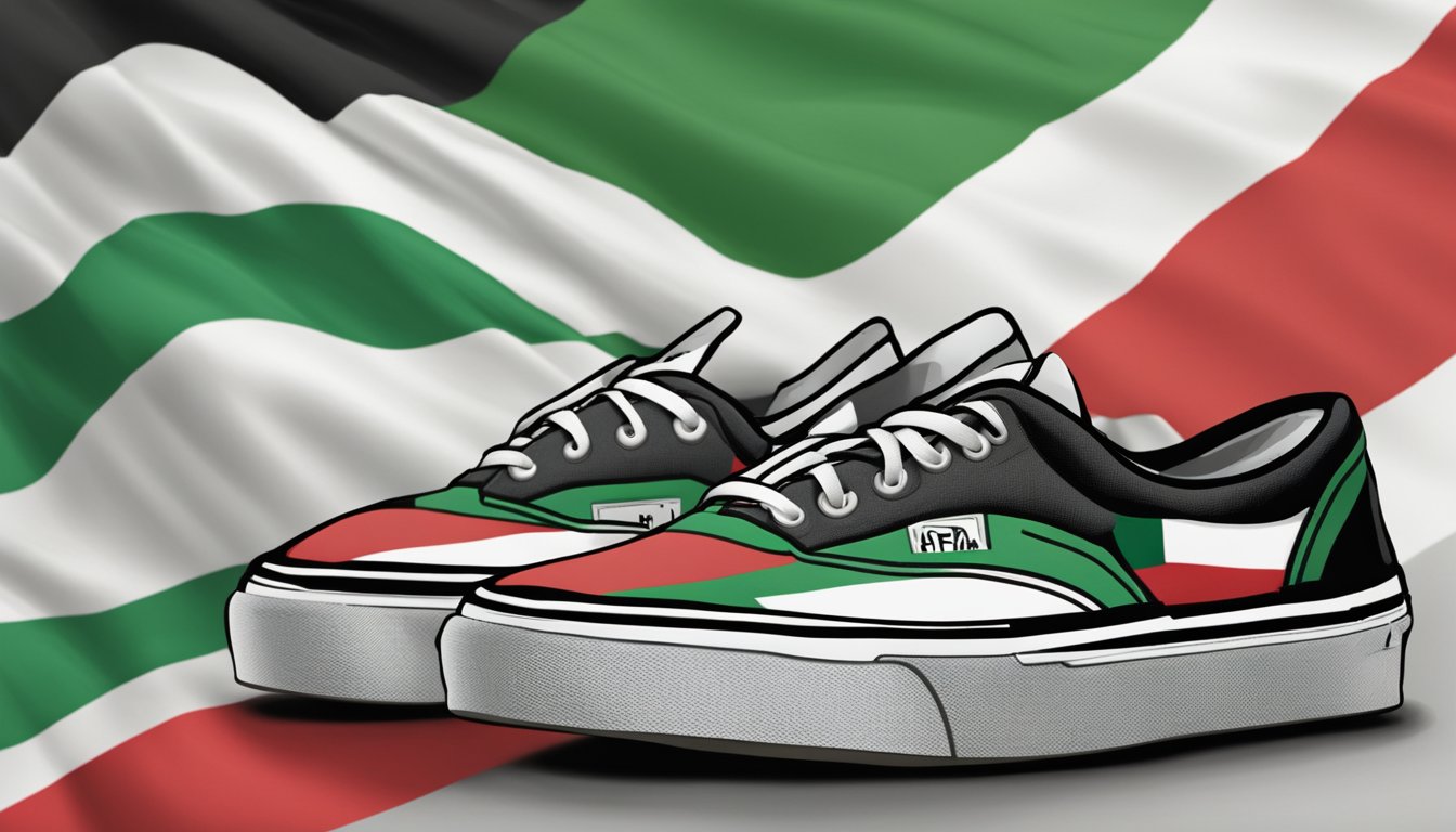 A pair of Vans shoes sits in front of a Palestinian flag, symbolizing support for Palestine