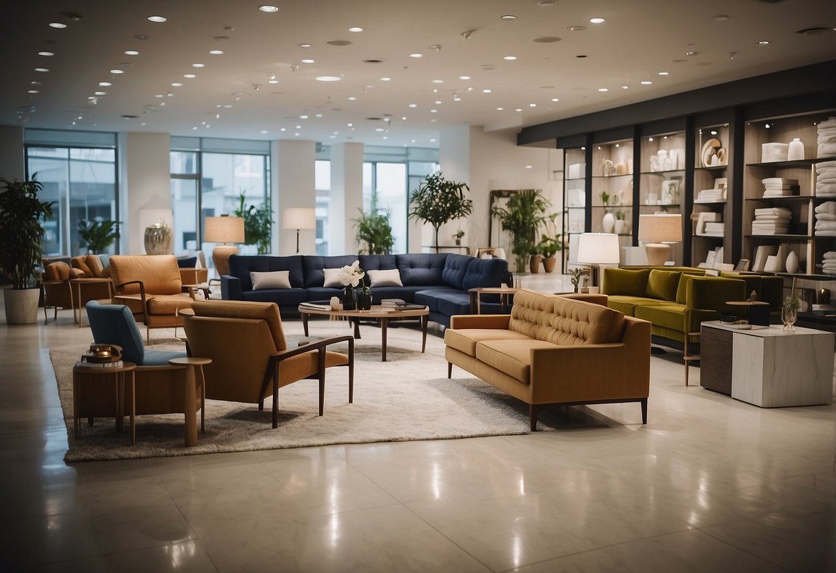 A showroom filled with modern furniture displays and a sign reading "Our Services and Specialties lcf furniture."