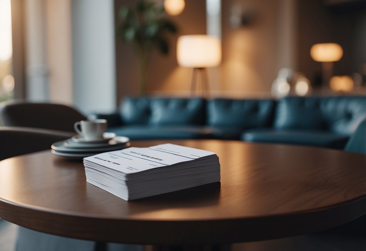 A stack of FAQ cards on a sleek Rozel furniture table, with a modern chair beside it