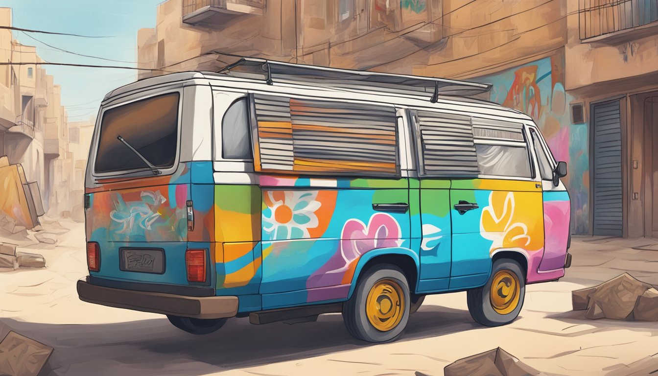 A Vans shoebox sits on a dusty street in Palestine, surrounded by colorful murals and graffiti advocating for peace and justice