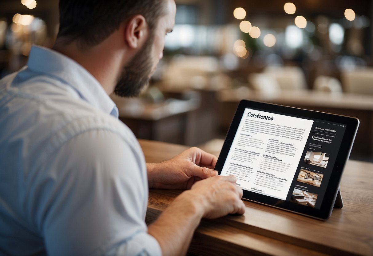 A customer browsing through a catalog of furniture with a list of frequently asked questions on a tablet beside them