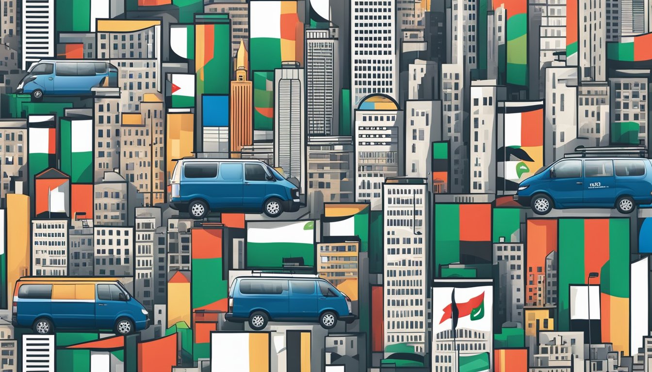 A divided city skyline with Israeli and Palestinian flags, surrounded by corporate logos including Vans, reflecting the impact of the conflict on global brands