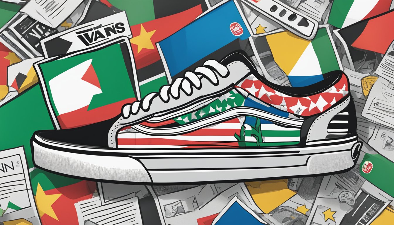 A Vans shoe with a Palestinian flag sticker is surrounded by social media icons and comments, both positive and negative, representing consumer responses to the brand's stance on Palestine